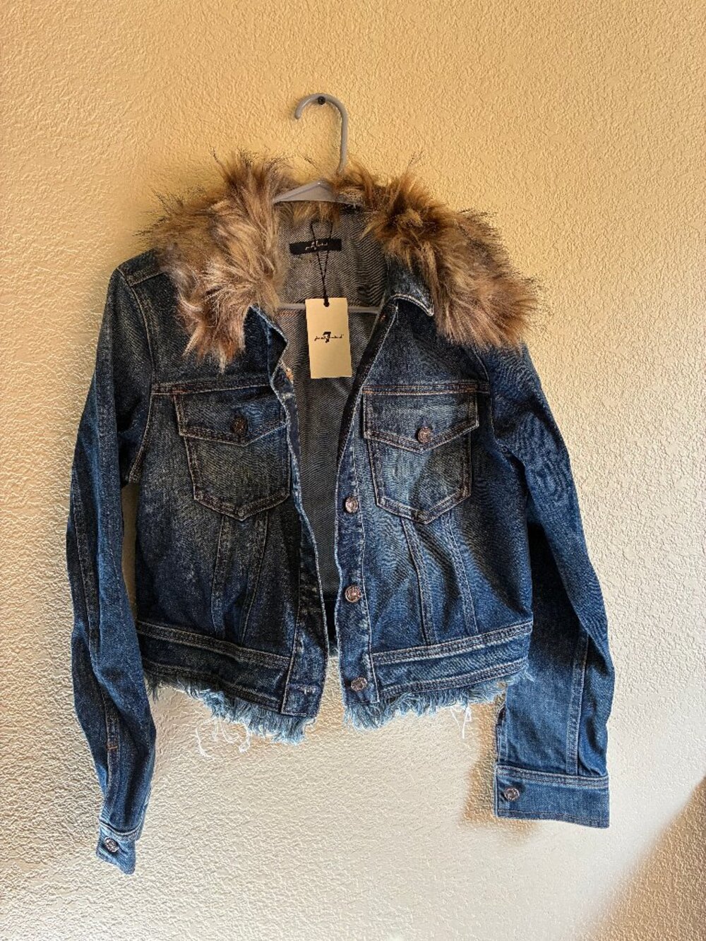 NWT 7 For All Mankind Faux Fur Collar Raw Hem Denim Jacket Dark Wash S